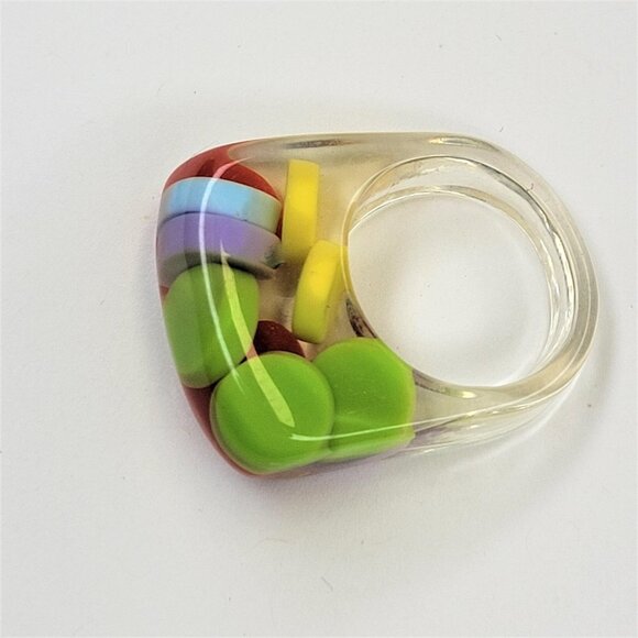 Lucite Resin Ring Multicolor Beads Clear See Through Rectangular Ring - Picture 8 of 8